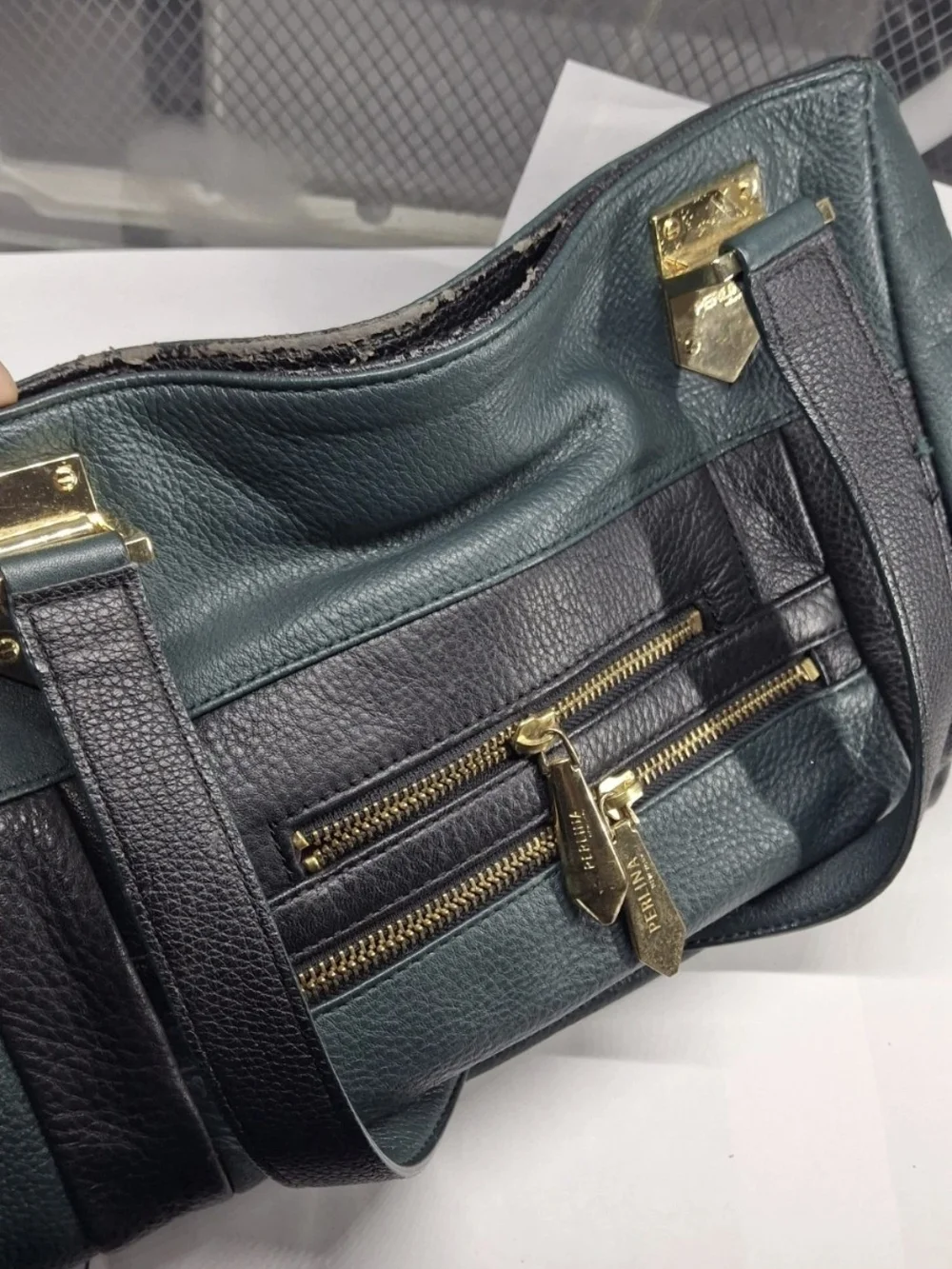 Perlini Italy...Green/Black Pebbled Satchel with Detachable Strap. Leather..